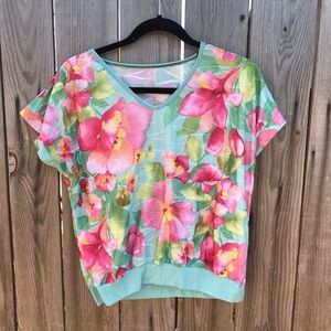 Teal top w/ red and pink floral details